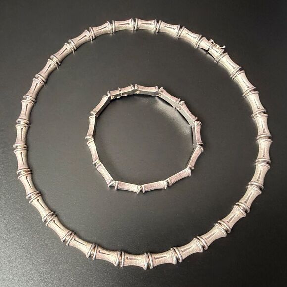 Vintage Sterling Silver Bamboo Link Choker Necklace & Bracelet Set 925 Italy 17" - Picture 12 of 16